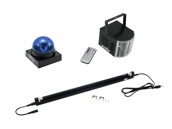 EUROLITE Set LED Buzzer-Polizeilicht blau + LED Mini D-4 + UV-R&ouml;hre Komplettset 60cm 13W