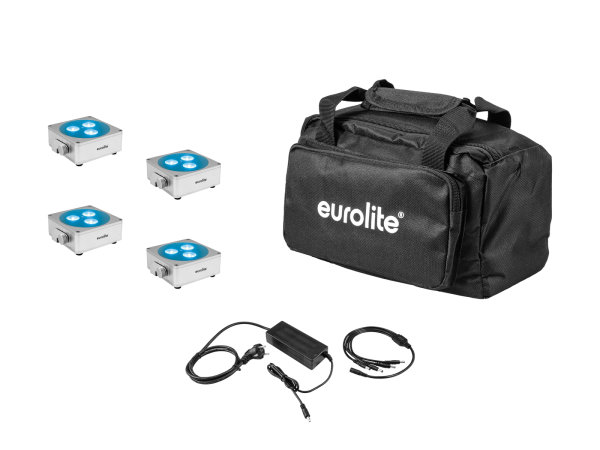 EUROLITE Set 4x AKKU Flat Light 3 sil + Ladenetzteil + Soft-Bag