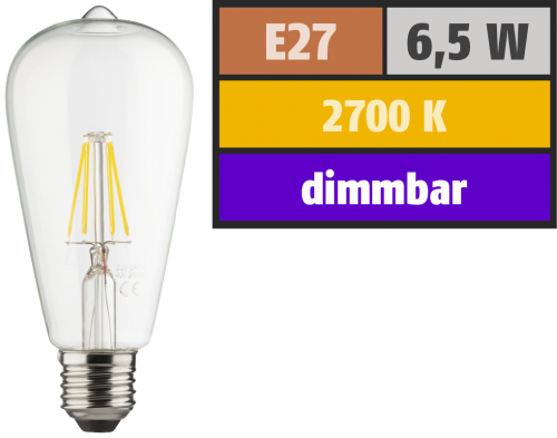 LED Filament Glühlampe, E27 / ST64, 6,5W, 810lm, 2700K, warmweiß, dimmbar