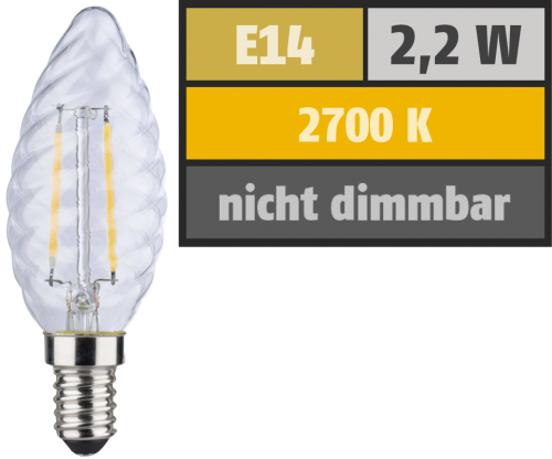LED Filament Kerzenlampe gedreht, E14, 2,2W, 250lm, 2700K, warmweiß