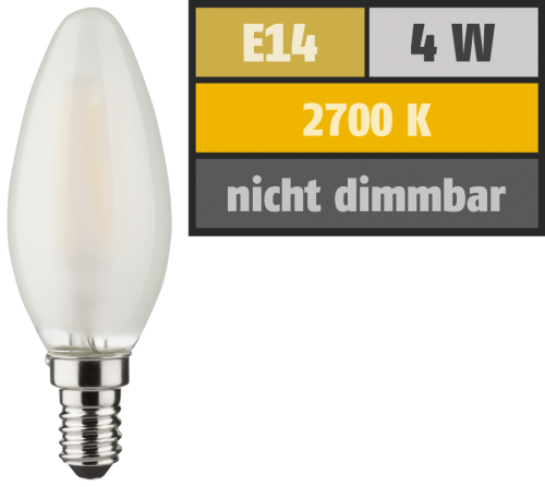 LED Filament Kerzenlampe, E14, 4W, 470lm, 2700K, warmweiß, matt