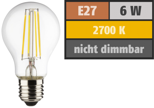 LED Filament Glühlampe, E27, 6W, 810lm, 2700K, warmweiß
