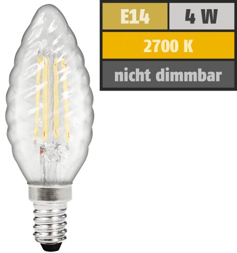 LED Filament Kerzenlampe gedreht McShine Filed, E14, 4W, 470 lm, warmweiß, klar